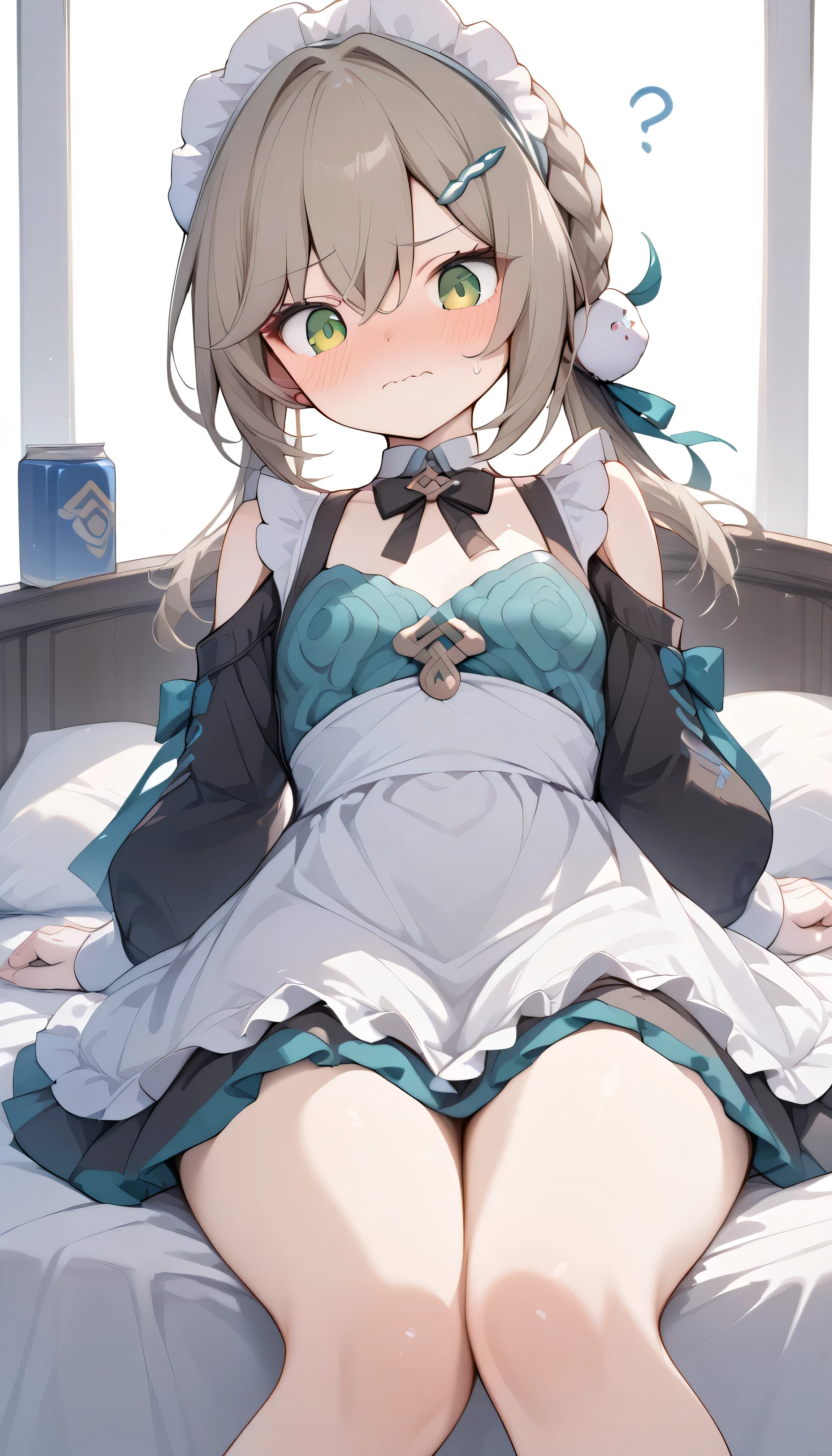 small breasts, brown hair, green eyes, braid, low twintails,  hair ornament, hairpin, qingque, Alone,  can see her eyebrows through her hair,  hair between eyes,   embarrassing,  1 girl, Alone,  can see her eyebrows through her hair,  hair between eyes,  embarrassing,  Audience , masterpiece,  best quality , very aesthetic, thick thighs,  embarrassing　blush　 petite body　 small breasts　full-face blush　indoor　Bed maid, maid apron, maid headdress, puffy sleeves　confused　wavy mouth