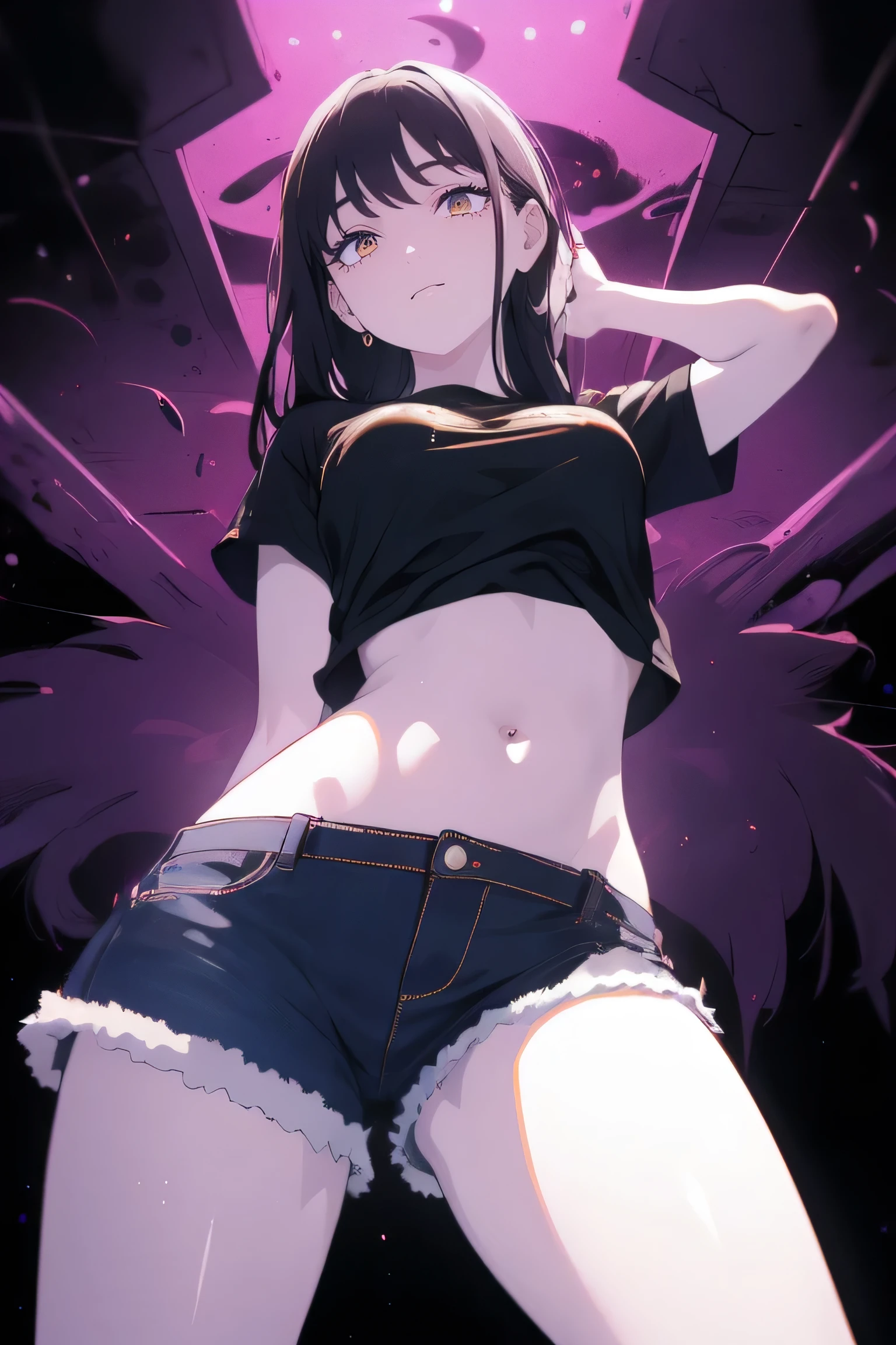 ((((Obra maestra, La mejor calidad, ultrahigh resolution)))), a clear view of a happy looking girl standing in a club waiting for someone)), (black t-shirt, jean shorts, black hair, long dark black hair), pale skin, ((brown eyes)), (glowing_eyes), ((ultra detailed eyes:0.7, beautiful and detailed face, detailed eyes:0.9)), ((centered)), ((over joyed expression)), ((wide shot)), facing viewer, ((indoor , purple and black lights, black dancing silhouettes:0.9)), medium breasts, looking at viewer, ((perfect hands)), (((head:1, arms, mid section, hands, elbows, thighs, in view))), lively eyes, beautiful lighting, background, ((defined subject)), 25 years old, (head tilt), (((cool))), ((lively)), (((chic pose)))