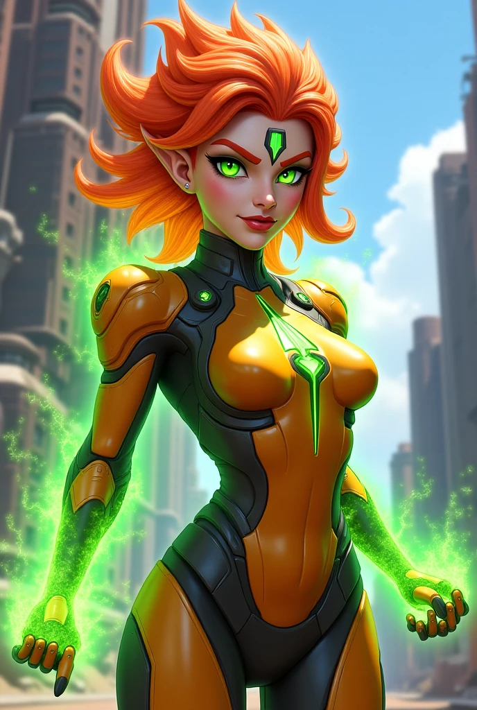 woman, long pink hair, yellow eyes, evil smile, yellow black crop top, wearing a yellow ring, space background, medium breasts, sexy, feminine, masterpiece, beautiful detailed eyes, detailed face, looking at viewer, glowing, half body portrait, yellow lantern, magazine pose, flying, elven ears