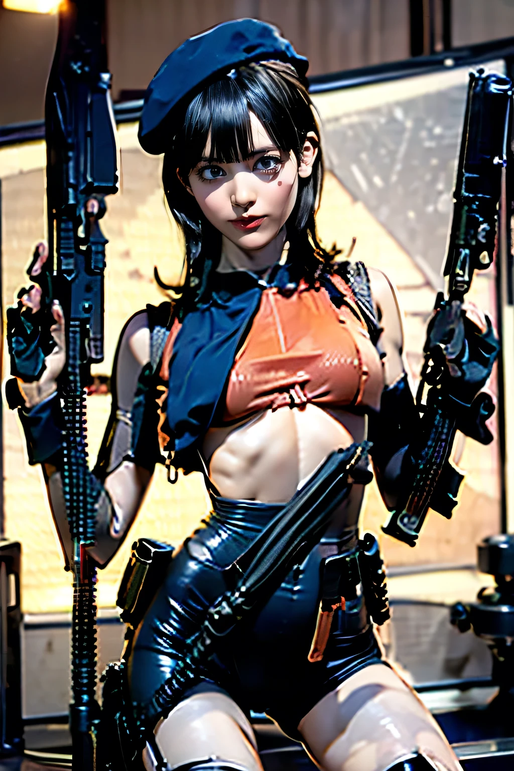 ( Sexy Women),( muscularity:1.7), ( thighs:2), (Cammy, Black hair with bangs :1.5), Beautifully Marked , detailed eyes , detailed skin, red lips, Eye Shadow, ( big breasted:1.6), Hard nipples, ( Large Areolas Hanging ),( Underboob:1.7),( sleeveless SWAT military style black leotard, gloves, black beret:1.5), (In-ear monitor:1.5),(((Tactical Holster:1.5))),( holding a futuristic laser rifle ),( wearing a black military jacket ),(Upper body view), ( on Panett ), (¾ views ), Backstreets, rim lighting , two-tone lighting , Dim Illuminations ,(( spread legs)),(( place their knees on the ground)),(( holding an MP5 submachine gun :2.0)),Midnight Ruined Walkway