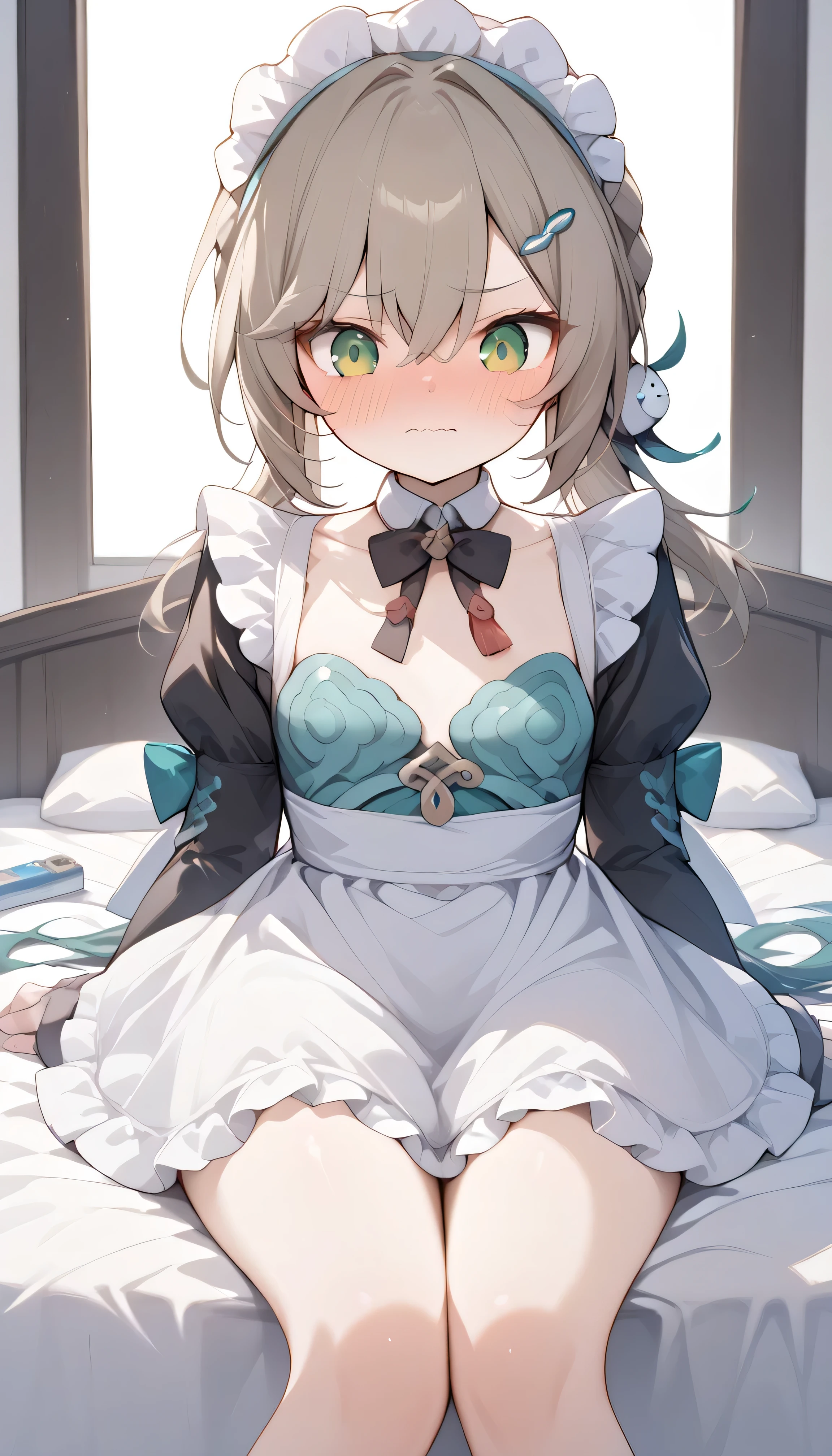 small breasts, brown hair, green eyes, braid, low twintails, hair ornament, hairpin, qingque, Alone, can see her eyebrows through her hair, hair between eyes, embarrassing, 1 girl, Alone, can see her eyebrows through her hair, hair between eyes, embarrassing, Audience , masterpiece, best quality , very aesthetic, thick thighs, embarrassing blush petite body small breasts full-face blush indoor Bed maid, maid apron, maid headdress, puffy sleeves confused wavy mouth