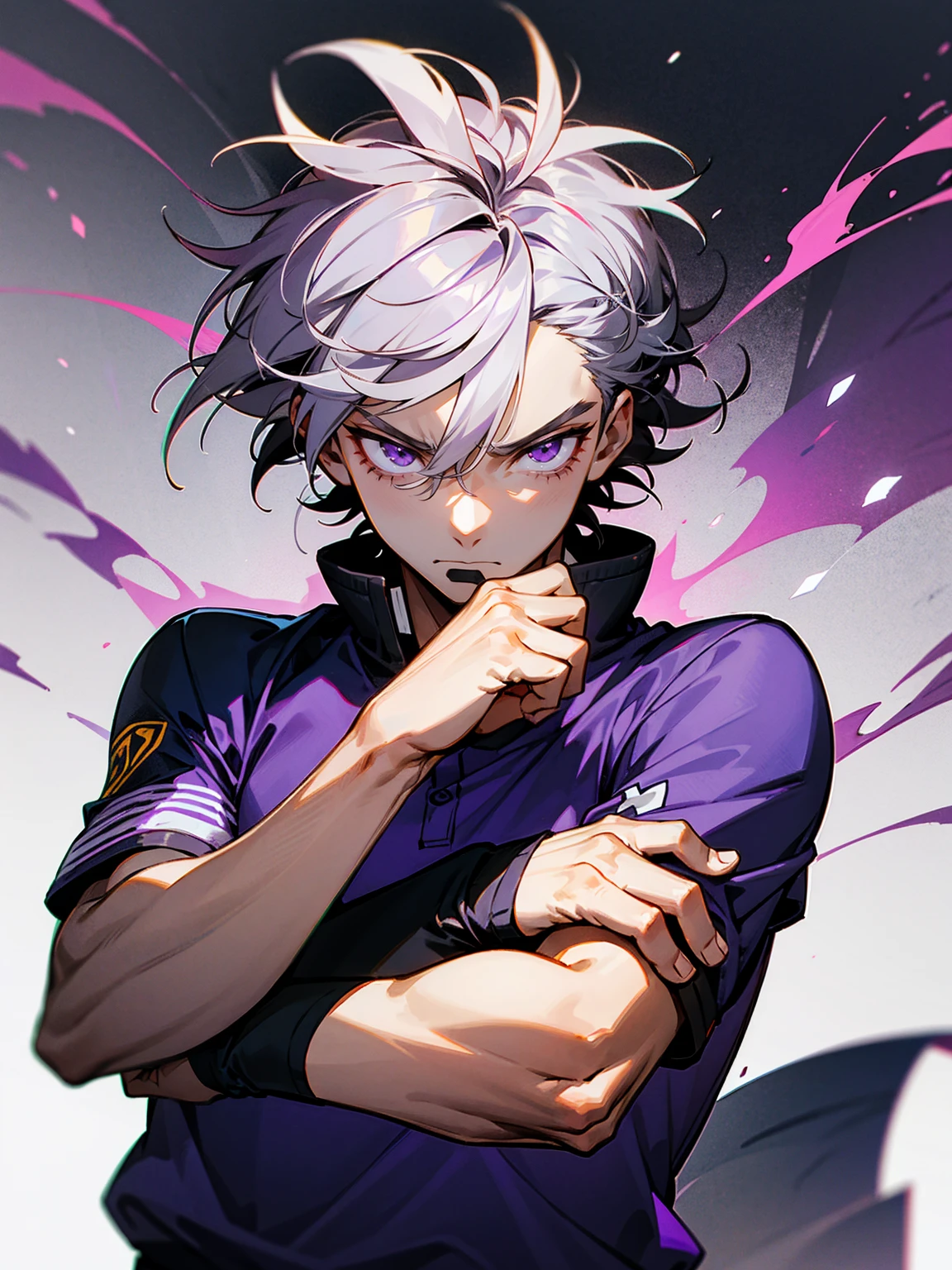 16 year old boy from Boku no hero Academia with short black and white hair with purple eyes on an anime hero mission