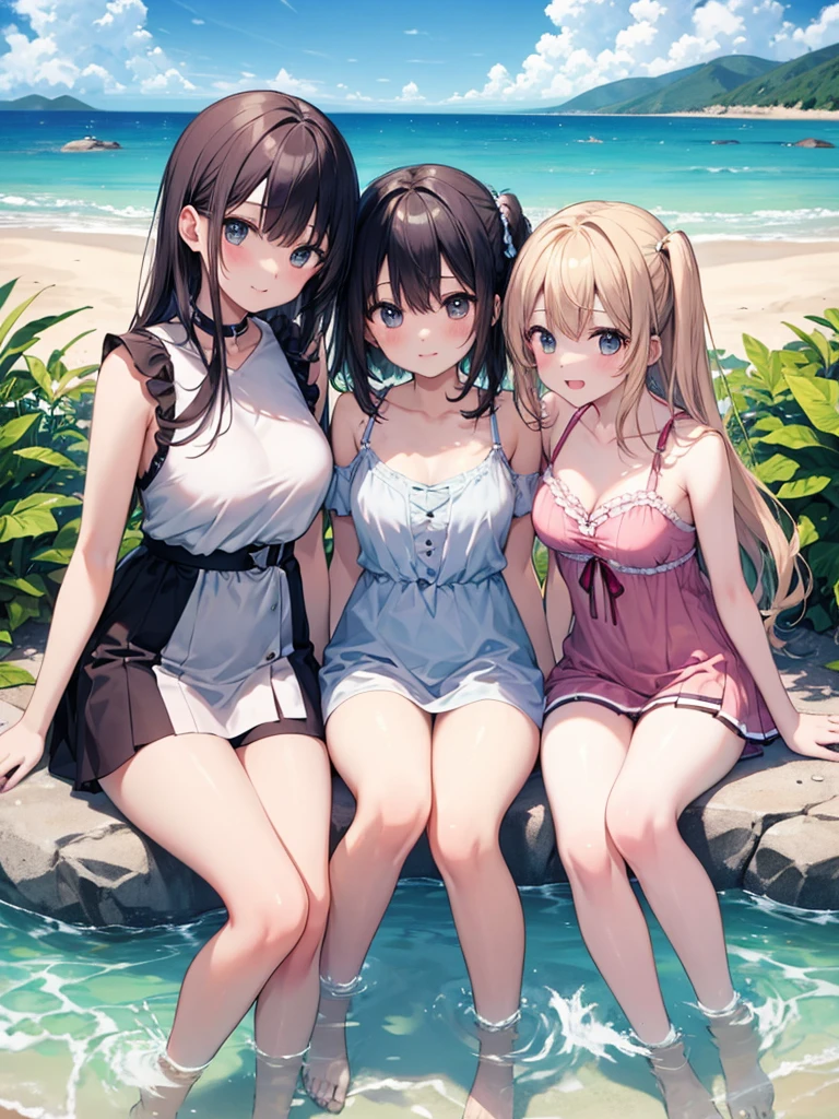 (((masterpiece、Highest quality)))、(((Three girls、beautiful girl、、Detailed and cute face、Big beautiful eyes、smile)))、(Nipples、Pussy、Anal、Small breasts)、((Wearing a summer dress, Daylight Saving Time, *At the resort island、Midsummer sun shining、Sit in a chair in the shade、Drink tropical drinks))