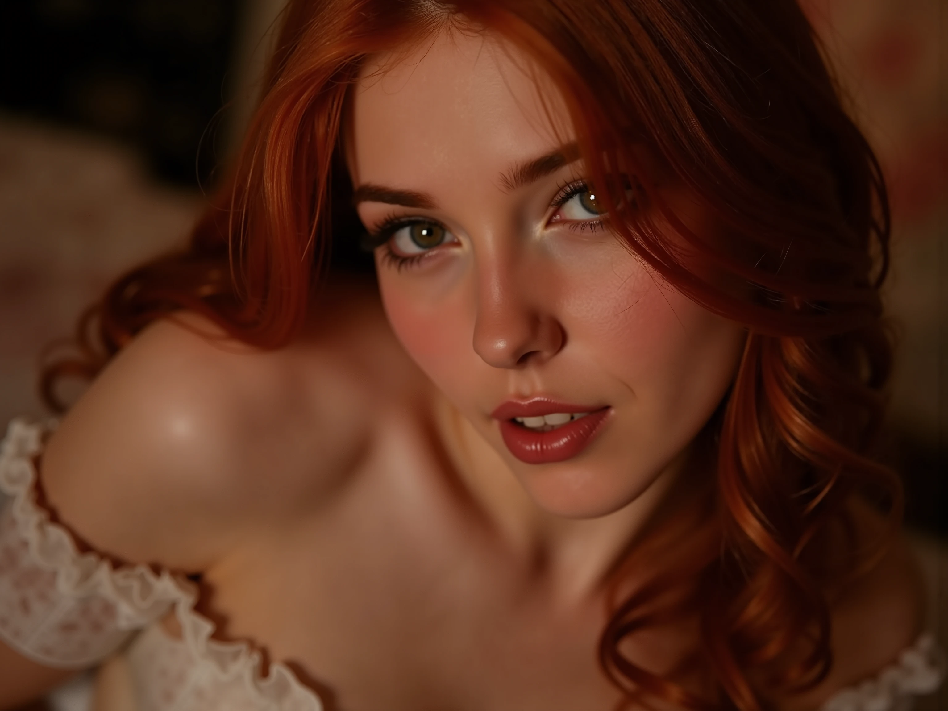 quality and details :
(8k, HD, ultra-detailed, realistic , masterpiece: 1.3), (foto realistic e Texturen, clear focus , cinematic lighting), (natural skin tones, soft shadows, vivid details ).
scene and lighting :
Close-up of a stunning woman in an elegant , tight corset and fine stockings .
The corset accentuates her slim figure with delicate frilly decorations and luxurious details, inspired by Rococo Style and modern elegance .
quite a bit, warm lighting sets the woman off perfectly , with soft highlights , that accentuate the textures of the corset and her graceful facial features .
character and atmosphere :
The woman is reminiscent of Amouranth and Anna Nikonova (Newmilky), with seductive expression , red hair and radiant beauty .
your outfit combines sexy lingerie , Victorian aesthetics and stylish modernity , creates a fascinating , elegant look .
The scene conveys a sense of appeal and glamor , inspired by Elena Guro's classical art with a modern , sensual touch .
Stil und Inspiration:
Eine foto realistic e Darstellung mit stilvollen Elementen aus Rococo, combined with contemporary beauty , that seamlessly combines elegance and seduction .