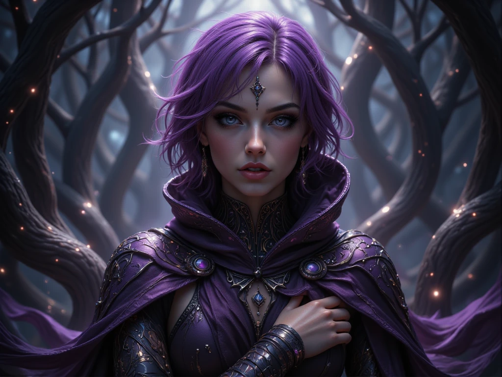 Full body shot, facing camera, realistic digital painting portrait of a gothic female enchantress, (curly hair:1.1), (purple hair:1.3), magical dark and red universe, magic cloth armor with black and purple engrave in intricate details, movement, walking forward, slow-motion, (abstract background:1.2), (very detailed skin:1.2), (game concept:1.3), (elden ring style:1.3), (arcane style:0.8), (depth of field:1.3), volumetric lighting, global illumination, art by viktoria gavrilenko