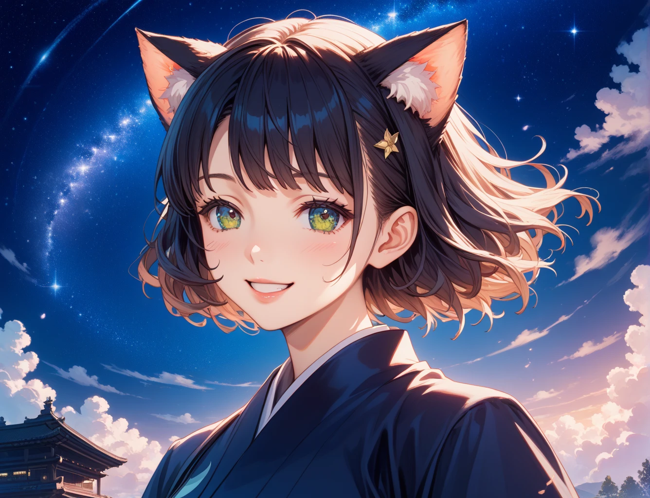  Anime girl with cat ears in kimono with cat ears, shoulder looking , anime drawing by Yang J ,  pixiv contest winner , serial art, Digital anime illustration, Kawashi,  anime illustration, Anime style 4K, beautiful anime portrait,  Anime-style portrait ,  Anime art style,  art style ,  anime illustration ,  digital anime art , Detailed  digital anime art , beautiful starry sky , ((Beautiful night view))Pregnant belly and happy face from pregnancy 