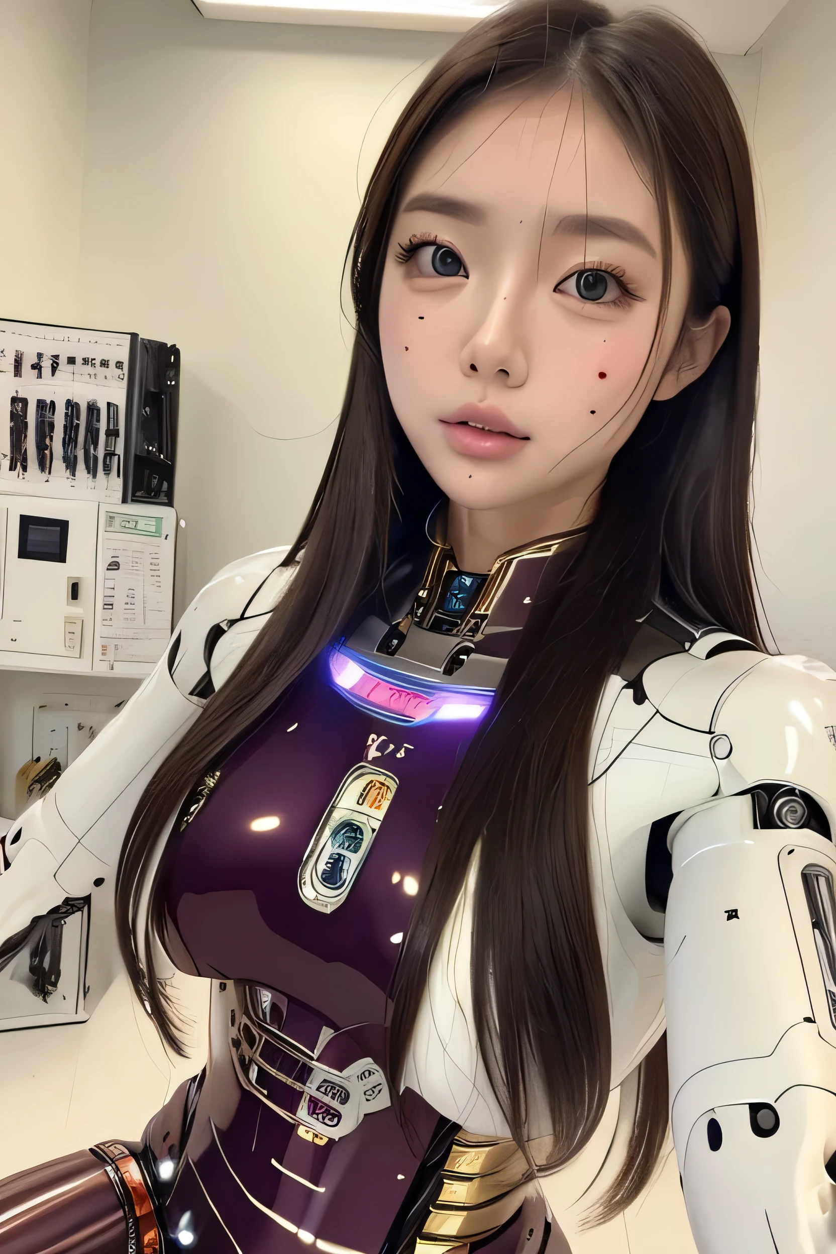 masterpiece, best quality, extremely detailed,portrait,front view,Japaese android girl,Plump,pastel color uniform, control panels,android,Droid,Mechanical Hand, Robot arms and legs,brown hair,long hair,long tube,thick cable connected her neck,