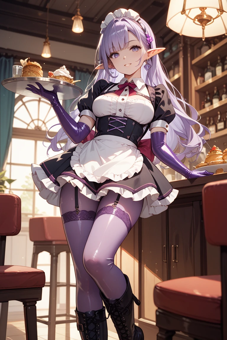 (masterpiece), best quality, expressive eyes, perfect face,1girl,(raiden shogun:0.6),genshin impact,maid,waitress,purple maid costume,cleavage,frilled dress,frilled skirt,curvy,long detached gloves,thigh high stockings,thigh strap,blush,shy smile,cowboy shot,indoors,crowd,cafe,tray,holding tray,drinks,serving,long hair,ponytail,heart choker,spoken heart