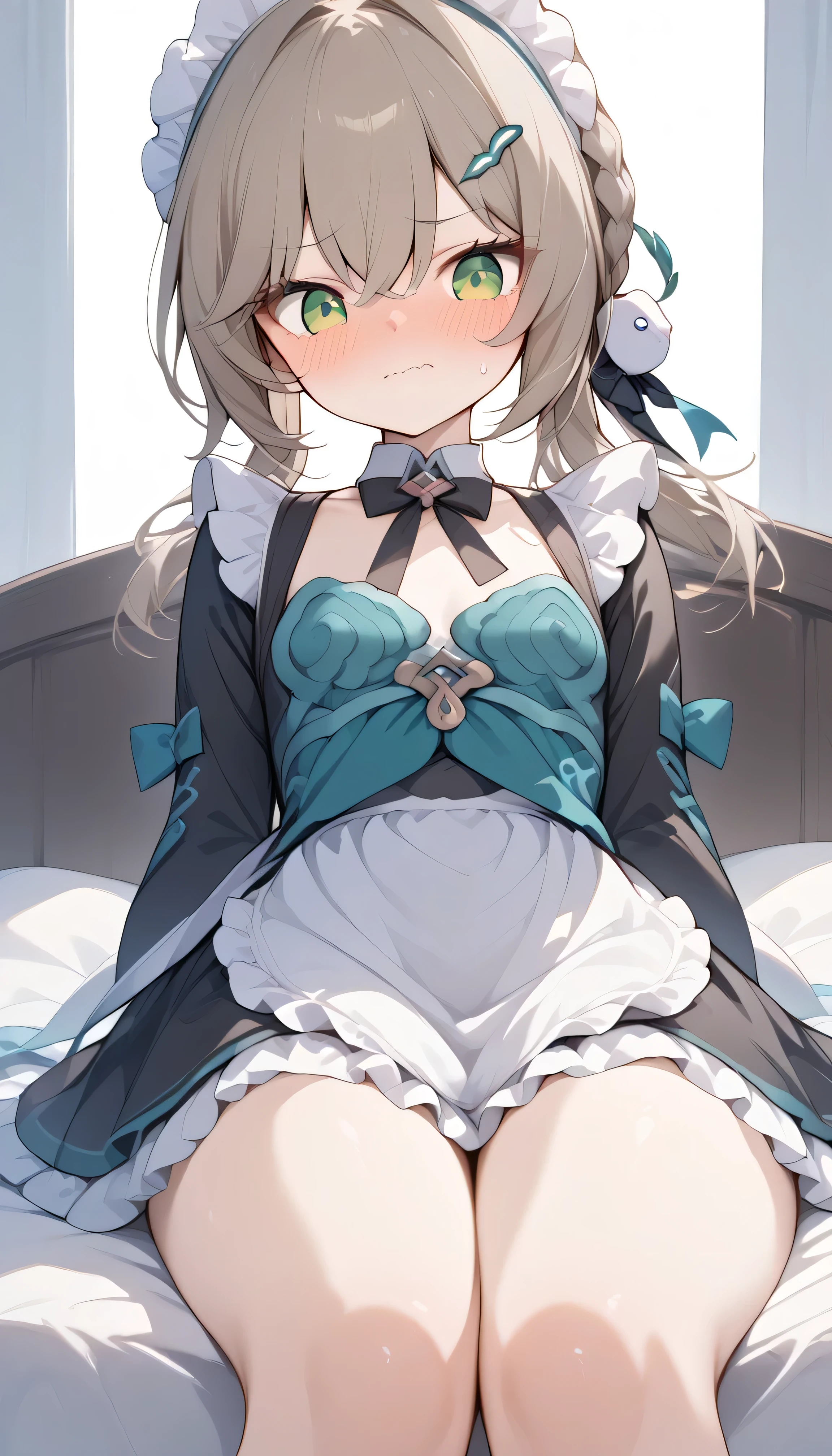 small breasts, brown hair, green eyes, braid, low twintails, hair ornament, hairpin, qingque, Alone, can see her eyebrows through her hair, hair between eyes, embarrassing, 1 girl, Alone, can see her eyebrows through her hair, hair between eyes, embarrassing, Audience , masterpiece, best quality , very aesthetic, thick thighs, embarrassing blush petite body small breasts full-face blush indoor Bed maid, maid apron, maid headdress, puffy sleeves confused wavy mouth