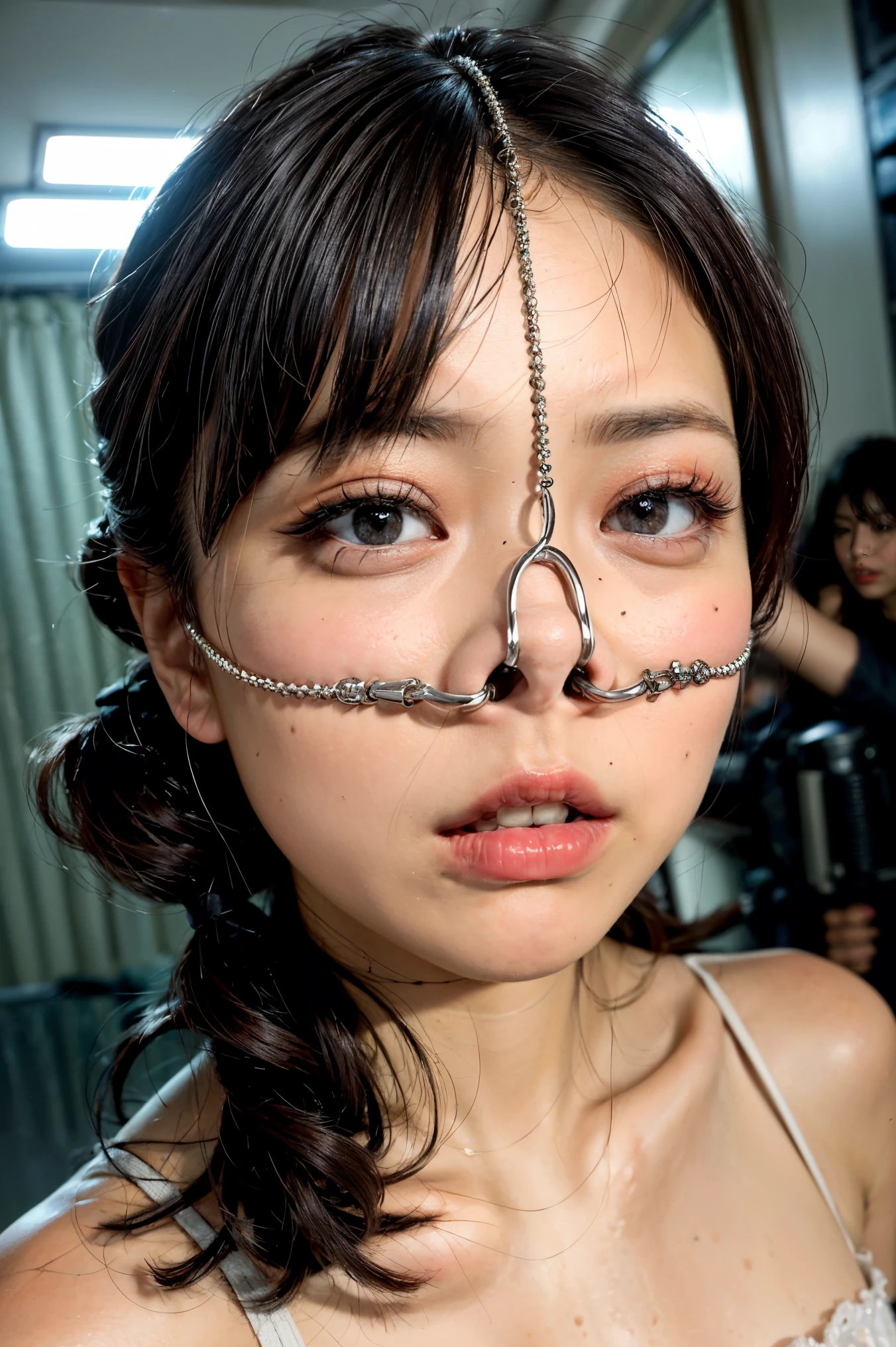 nsfw,RAW Photos,8K, (Highest quality),Realistic,(live-action, Intricate details),(Natural skin texture, Detailed skin,Hyperrealism, Sharpness),(Oily skin),(20-year-old woman),((whole body)),((From head to toe)),((Glaring at the camera)),(Japanese women),(Highest quality:1.2),Flat bangs,Medium chest,Crouching posture,Squat with your feet apart,Show off your crotch,Beautiful Eyes,Detailed face,High quality eyes,Keep your eyes clearly focused,Nose and mouth,Face Focus,Super Face close-up gentle and charming Chinese beautiful woman, Delicate and sexy collarbone,Small Nose, Focus on the face, Face close-up, Ultra-high resolution, Very detailed, whole body写真,Ahegao,Embarrassed face,shame,Blushing, ((Completely naked)),((Sit with your legs apart)),((ponytail)),((Collar with leash)),((nude)),((Dimly lit room)),(Natural skin texture),bondage, Bondage, Bondage, transformation, Constraints, bound, Tied up, Constraintsされた腕, Constraintsされた手, 完全にConstraintsされた, Constraintsされた身体, bound with chains, bound hands, Blushing, Bondage outfit, Bondage((Constraints)),Spread legs and show nipples,ruins,((Nose hook)),((3方向のNose hook)),((Completely naked:1.2)),((nude)),((rope)),