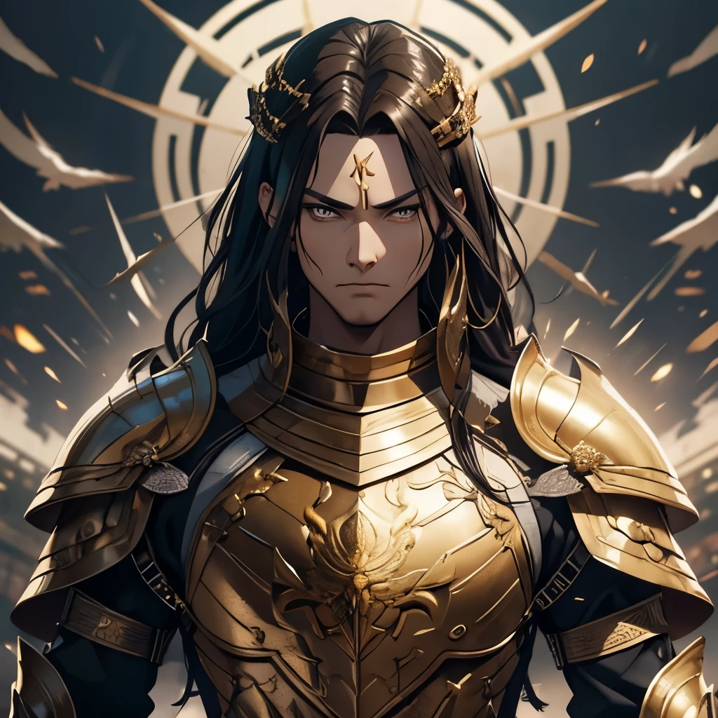 A grown man alone. 44 years old. high. strong.  full body costume. Long and straight hair of the color black. Light gold fighting armor, samurai style,  with . a kind look.  bright brown eyes .  detailed eyes . kind face 