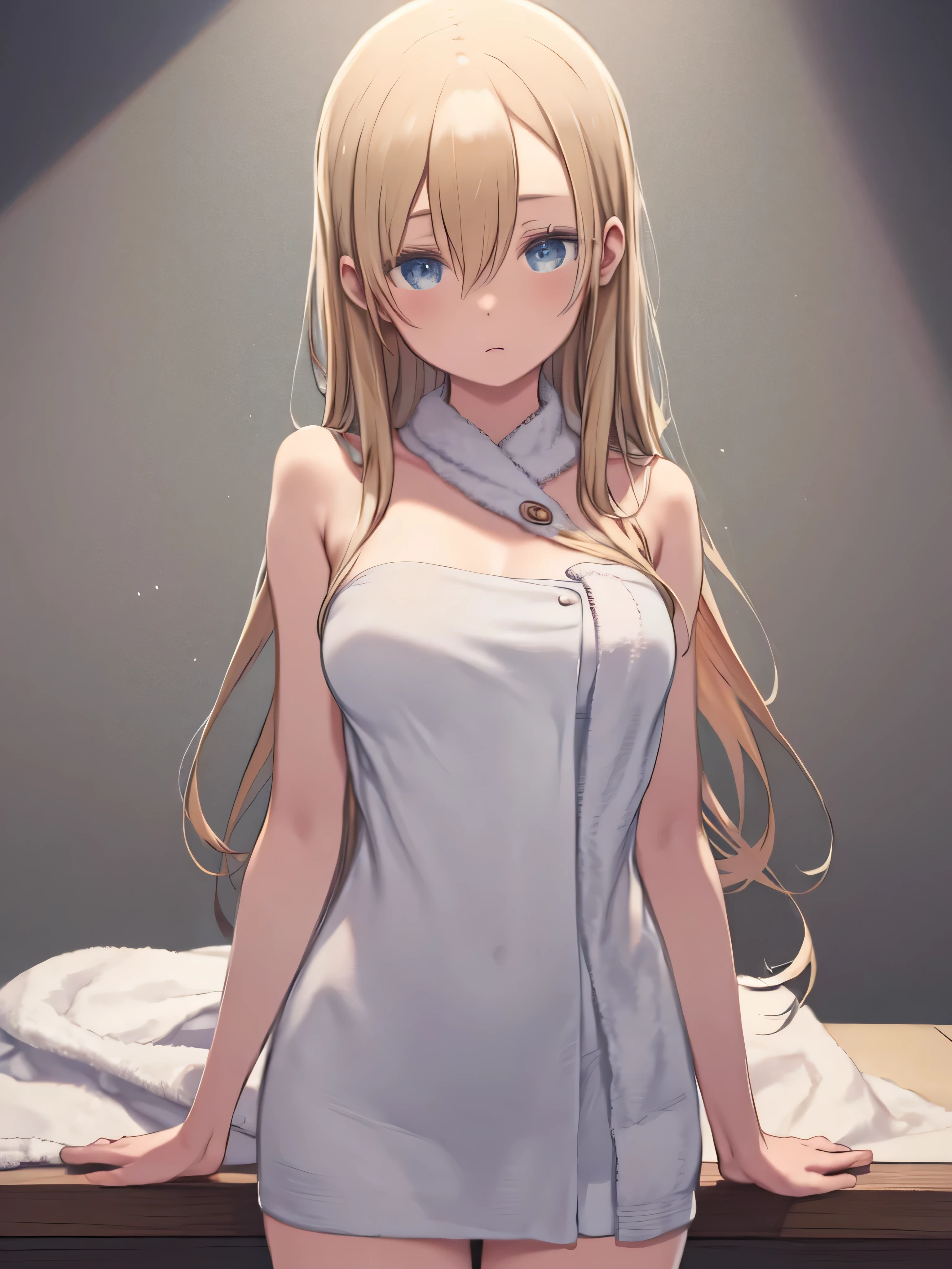  BLONDE HAIR 、 blue eyes、hair between eyes、, long hair,Big Breasts、( straight hair :1.2),( naked towel:1.3), Cleevidge , cowboy shooting, Hair Straightening ,indoor, bathroom,, Wooden door、((((Masterpiece)))),((( more details))),((( high resolution))),(( excellent anatomy)),((( best quality ))),((  very delicate and beautiful )),(( very detailed and delicate)),((Wear an 8k ＣＧwallpaper)),(( illustration)),Urgent 1