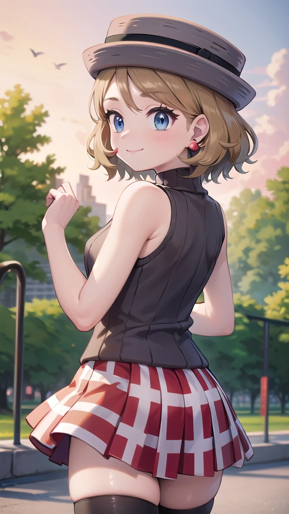 Masterpiece, perfect lighting, (beautiful, Best quality: 1.3), Perfect eyes, perfect anatomy, absurd, 8k, ccserena, solo, short hair, smile, in loved, (gray hats: 1.2), earrings, eyelashes, blue eyes, gray sweater, vest , sleeveless turtleneck, bare arms, plaid skirt, red skirt, thigh highs, black stockings, from behind, in the park at day