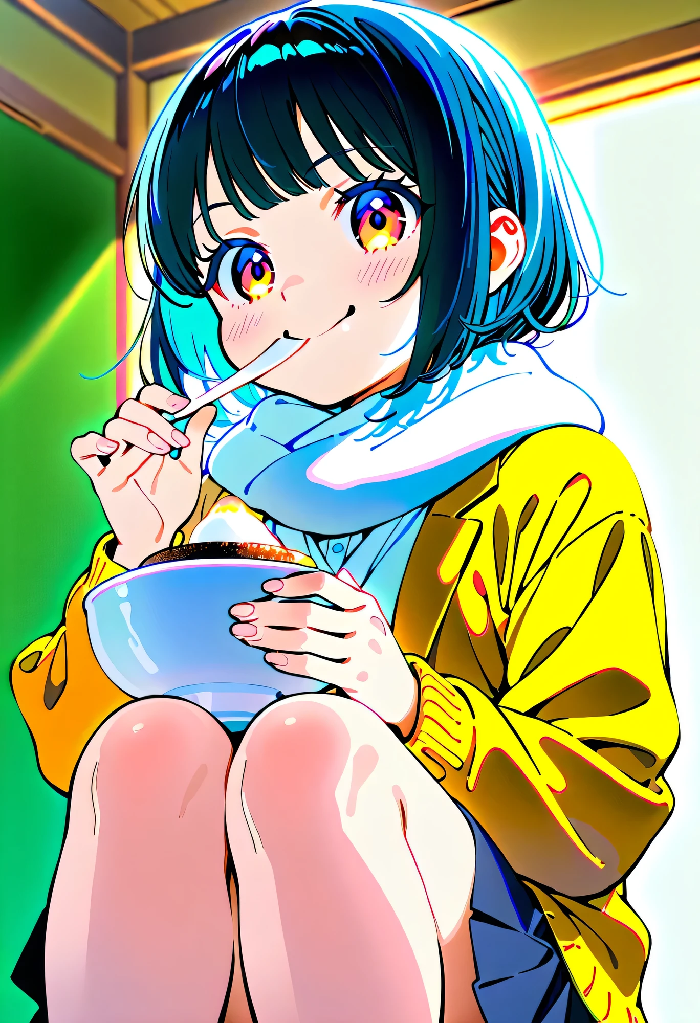 Anime screencap, anime style, anime scene, Naruto Uzumaki slurps noodles into his mouth, broth dripping down his chin as he savors the flavor. He sits at a small table outside a run-down ramen shack, steam rising from the steaming bowl. 