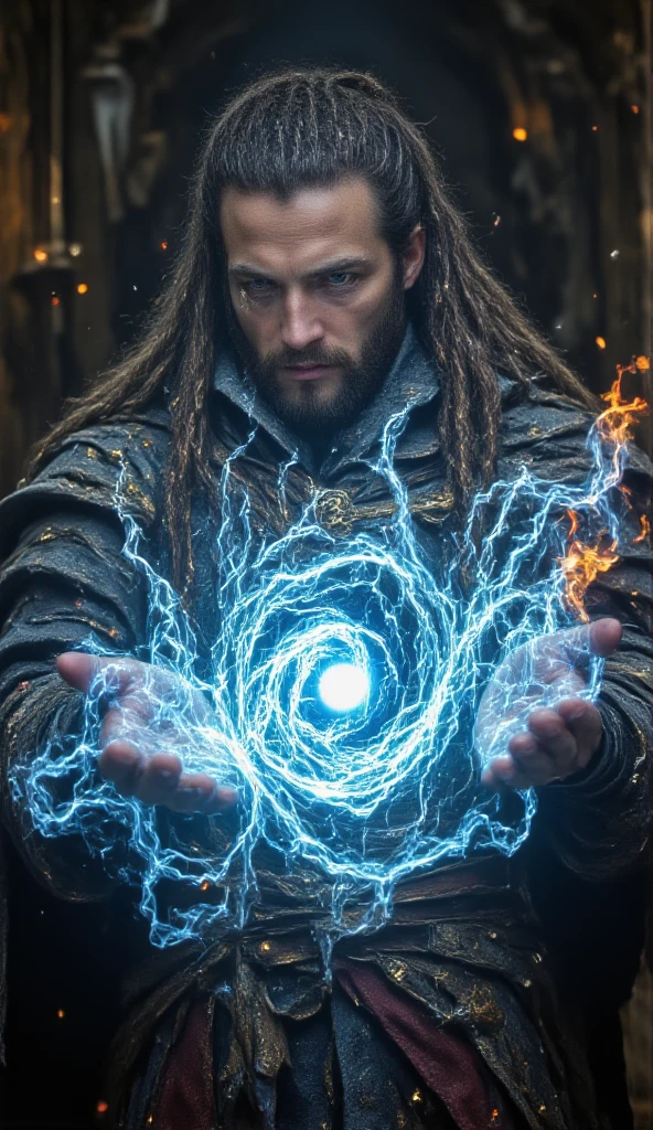 Stocky muscular mage, almost 2 meters tall, with dark green eyes, broad-shouldered, exposed hairy chest, handsome and masculine. Charming. He kept his beard well trimmed. Thick moustache. Medieval clothing. He cast a spell that create a vortex of icy wind and thundery fire from his hands. Epic, ethereal, otherworldly.