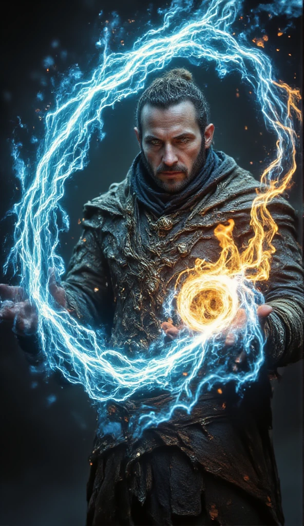 Stocky muscular mage, almost 2 meters tall, with dark green eyes, broad-shouldered, exposed hairy chest, handsome and masculine. Charming. He kept his beard well trimmed. Thick moustache. Medieval clothing. He cast a spell that create a vortex of icy wind and thundery fire from his hands. Epic, ethereal, otherworldly.