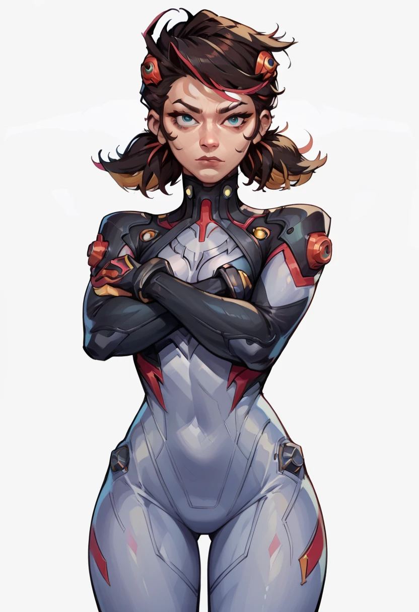 1girl, solo, penirivals, multicolored hair, hairpods, plugsuit, arms crossed, cowboy shot, white background score_9, score_8_up, score_7_up, score_6_up,