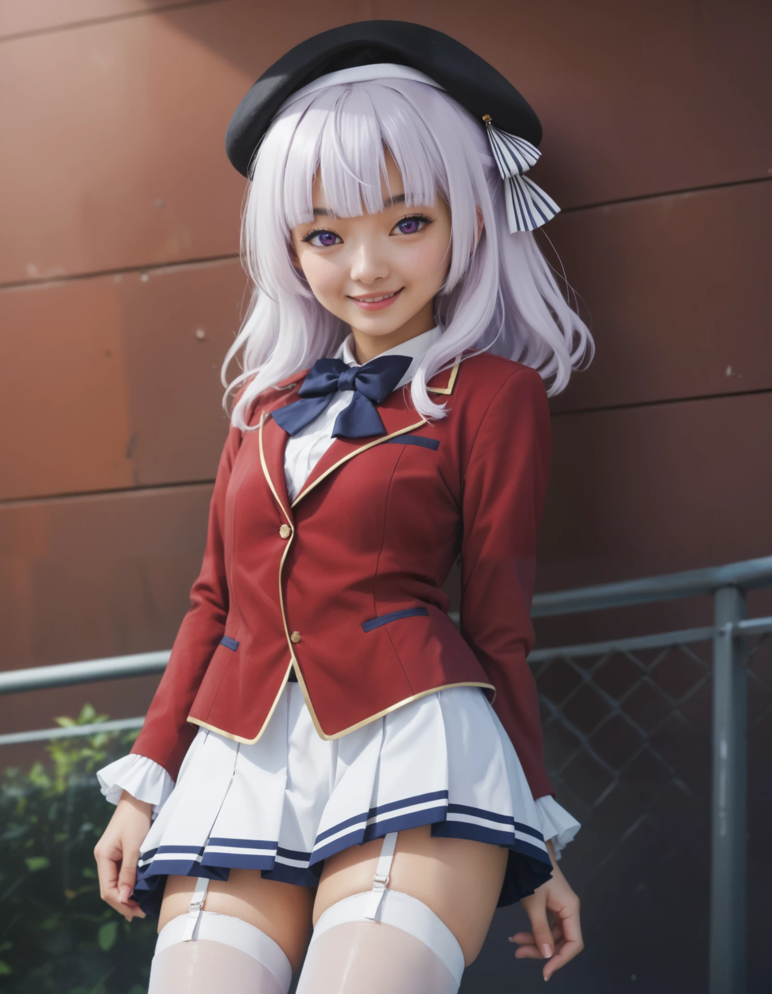 Masterpiece, hd, realistic, Asian, best quality, closed mouth, light smile, light blush, long hair, sakayanagi, 1girl, blunt bangs, white hair, purple hair, purple eyes, beret, school uniform, red jacket, collared shirt, bowtie, white skirt,white thighhighs, garter straps, outdoor,  smile,  standing, cowboy shot