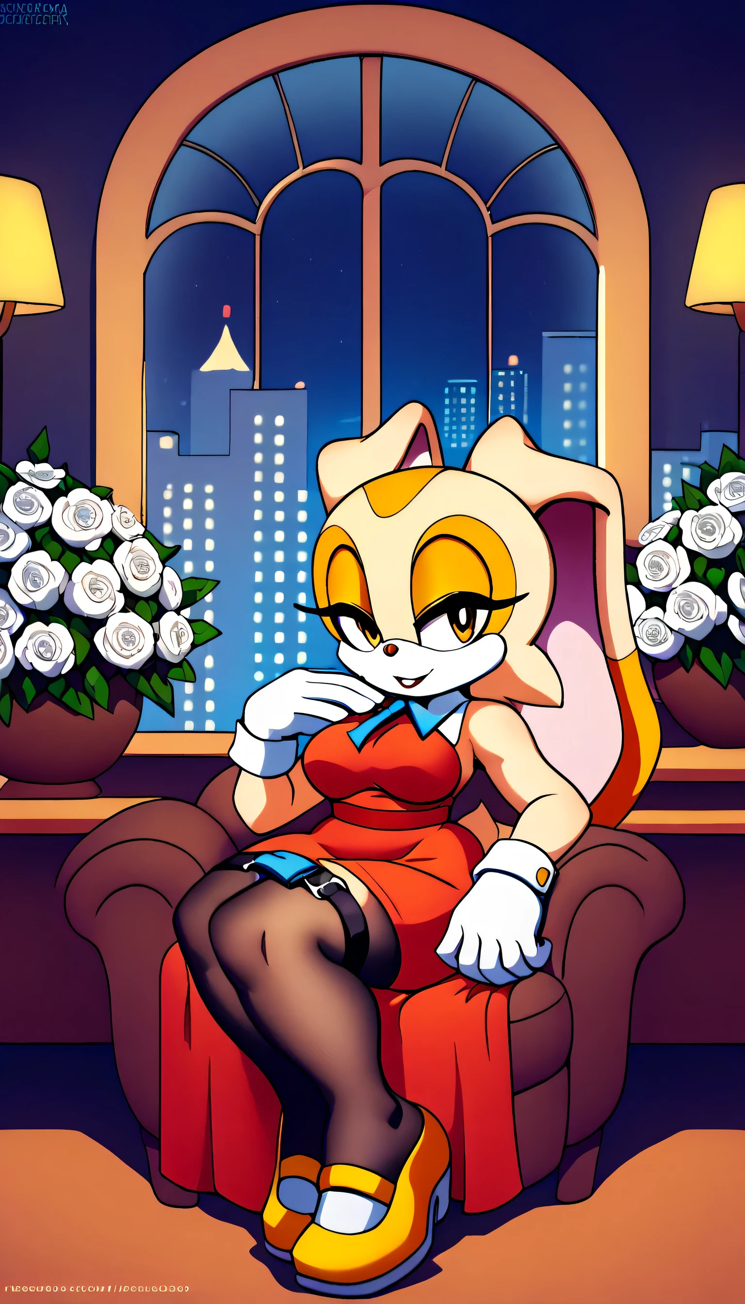 Cream the rabbit,orange eyes, black tights with straps , long white gloves ,,, , flirty look, medium breasts large thighs,, blue band with flowers , Sitting on an armchair , large window with city view , at night, Wear dark red dress , elegant white shoes