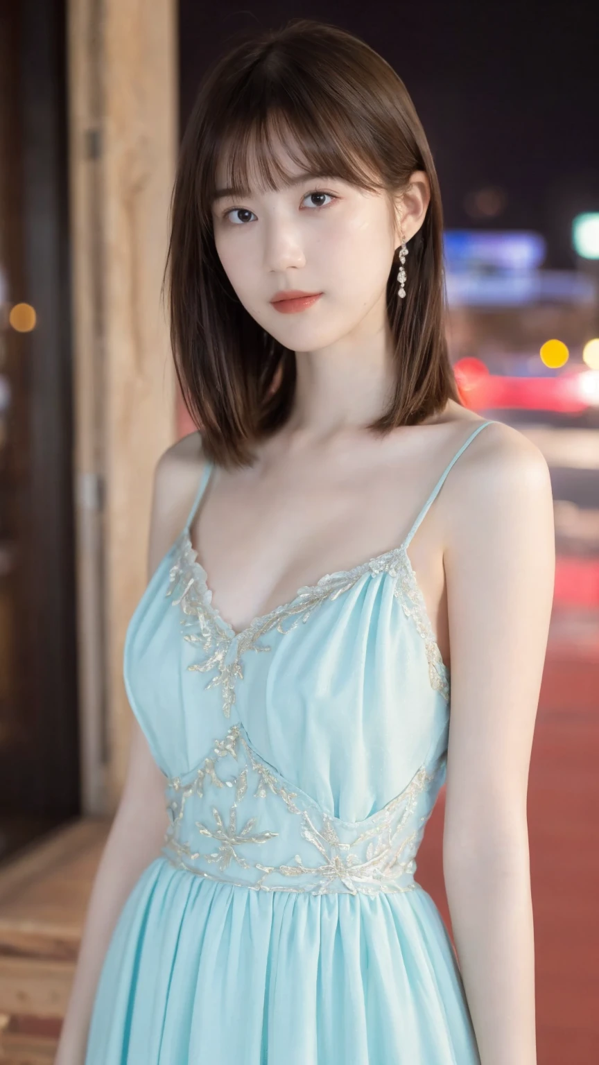 Fashion trendy beautiful and charming, gentle and charming Chinese lady, (jpop idlo), big breasts, delicate and sexy collarbone, charming oval face, double eyelids, smart peach blossom eyes, pink lips, small nose, bare shoulders, focus on the face, close-up of the face, Ultra-high-definition, super-detailed, full-body photo, ultra-thin and light-transmitting, the white off-the-shoulder shirt perfectly echoes the light blue slit skirt, fresh and good, and can be see through, sheer fabrics,