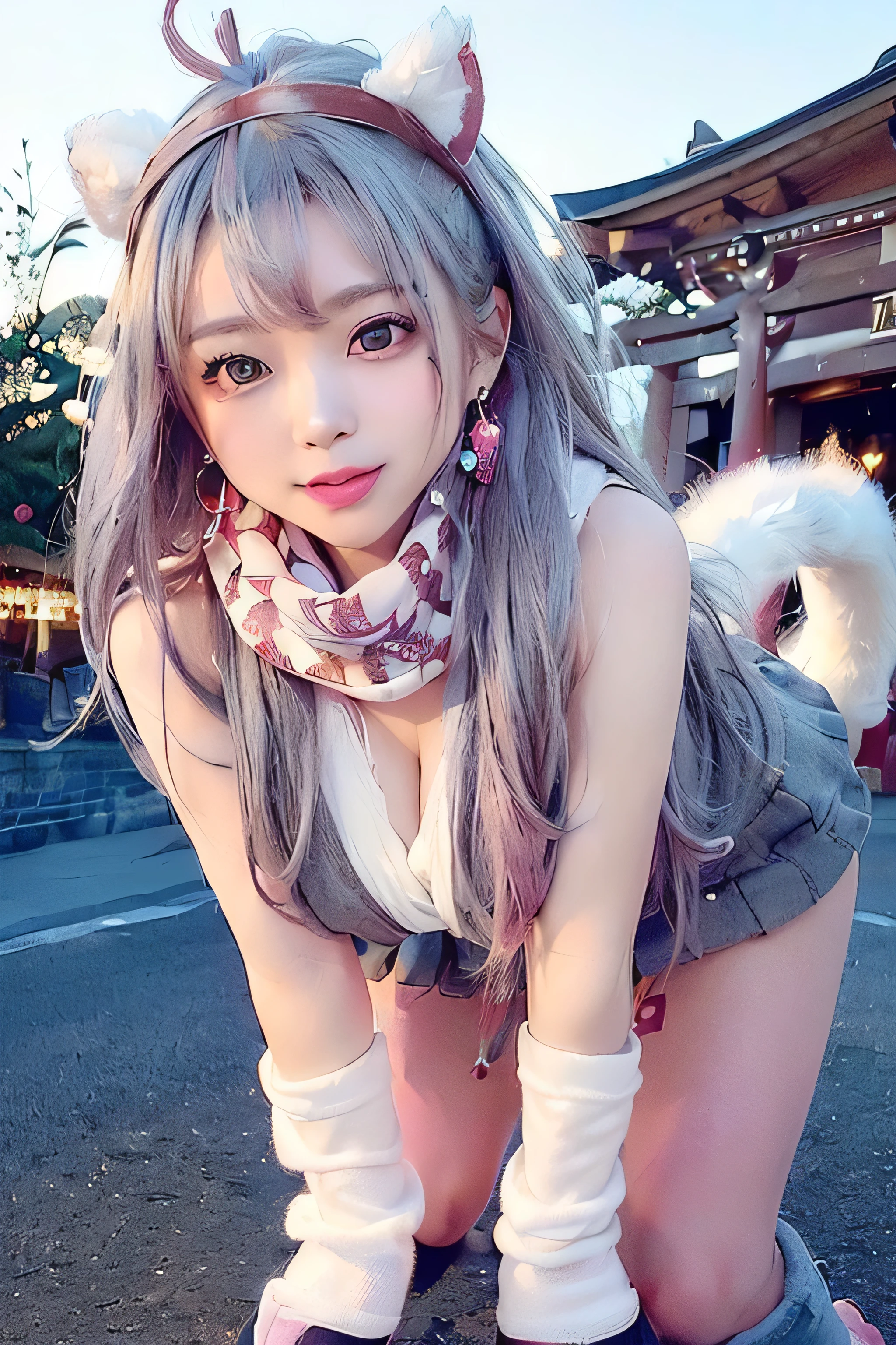 1girll，Yae Miko，heterosexuality，1boys，A pink-haired，thigh high，nedium breasts，long whitr hair，Large breasts，censorship，Sexual huge breasts cleavage，Purple eye，Sleeve separation，mosaic censoring，looki at viewer，Vaginal thrust by，bare shoulders​，By bangs，exteriors，Animal ear，sit astride，Cowboy pose，girl on top，The legs，Blushlush，Skysky，ssmile，In the daytime，blue-sky，hair adornments，Bursts，Single focus，jewely，Even cats，耳Nipple Ring，Japanese style costume，Sat down，the feet，red fox，hor ears，​​clouds，a skirt