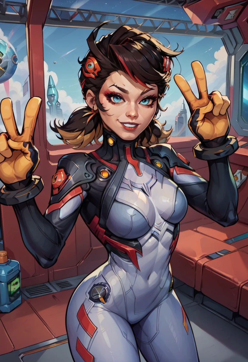 1girl, solo, penirivals, makeup, multicolored hair, plugsuit, selfie pose, outstrethed arm, v, peace hand gesture, high angle,  science fiction, space, indoors, spaceship, futuristic, scenery score_8_up, score_7_up, score_6_up, score_5_up, score_4_up,