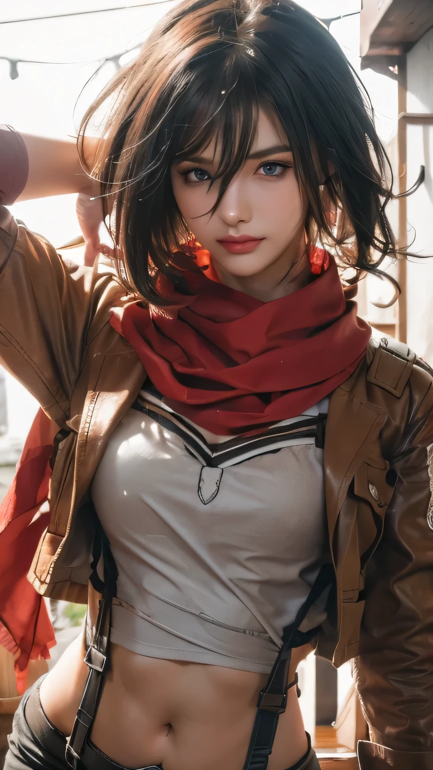 8K, Top Quality, Intricate Details, Ultra Detail, Ultra High Resolution, Masterpiece, random angle, mikasa ackerman,   Slender, Smile, (Makeup: 0.4), (Fluffy Blue Eyes: 1.21), blue Eyes,, ((full body)), 1girl, solo, 1 girl, (( full body)),  close-up shot,  , , ((tall)), (((fit body))), (((slim face))), sharp face, sharp eyes, (((black hair,  short hair, bangs ))  ,(detailed face), sharp face, small lips, thin lips, 
 ((red scarf, crop top, thigh strap)),  detailed face, detailed breast, , large breast, detail, , Beautiful girl with accentuated slender abs: 1.4, Six Pack Abs: 1.4, Bust Botox, Big, Perfect Body, detail leg, (( moonlight)), ocean