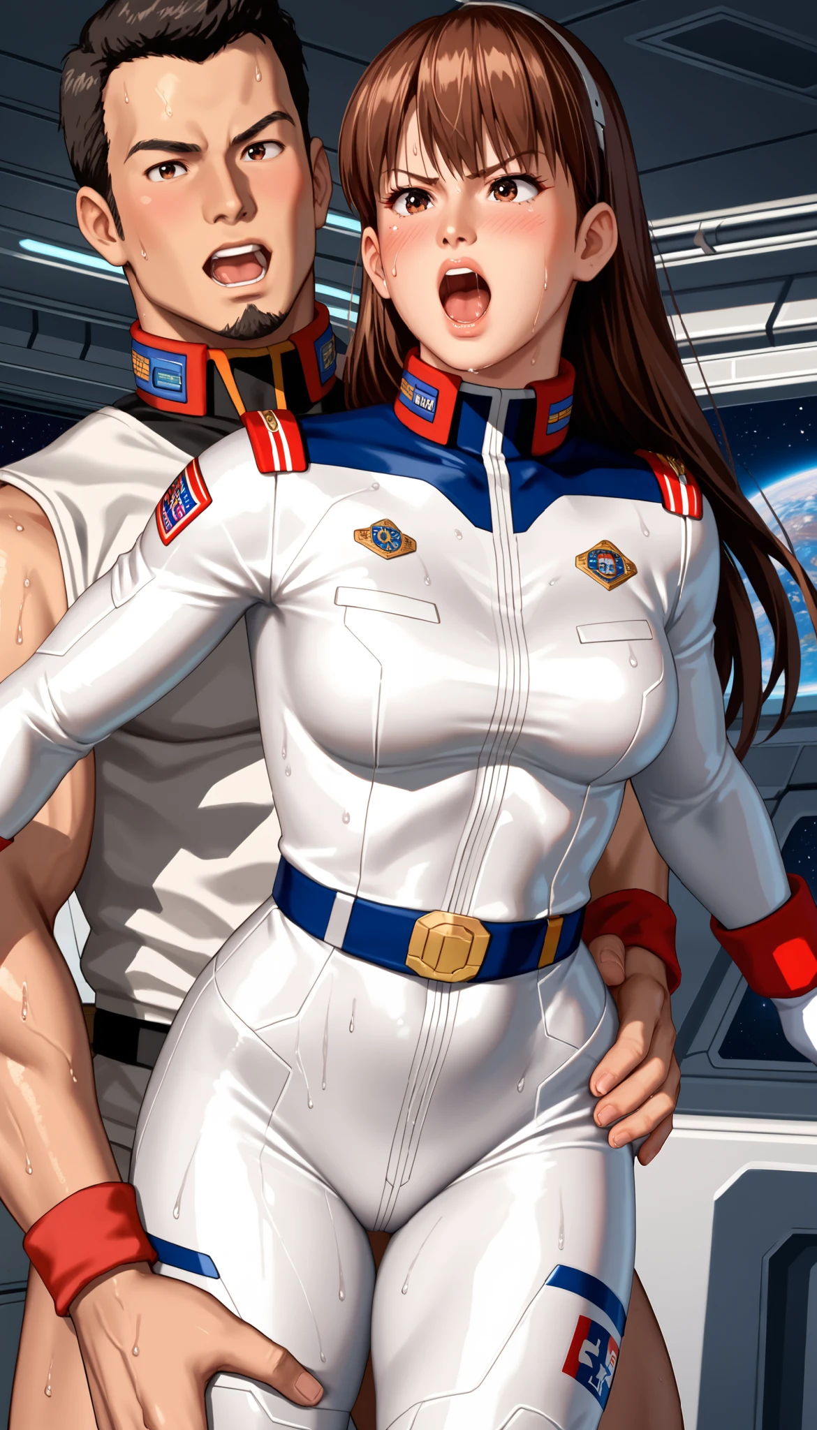 DOALeiFang, LeiFangDOA, girl:2.0, girl wearing a space cadet costume, futuristic spaceship crew, wet white uniform, sci-fi suit, smooth white tight clothing suit, gasp, Captured by men:1.8, Captive, Surrounded by men:1.5, Attacked by men:1.7, Many men:1.5, Man grabs her arm:1.6, Man attacks from behind:1.7, Man grabs her leg:1.5, Men Swarm 1:5, Man hands on her waist:1.8, be breathless, sweat, sparkling sweat, trembling, (long brown straight hair:1.4), brown eyes, breasts, [[angry]], blush, {anguish}, {{shameful}},