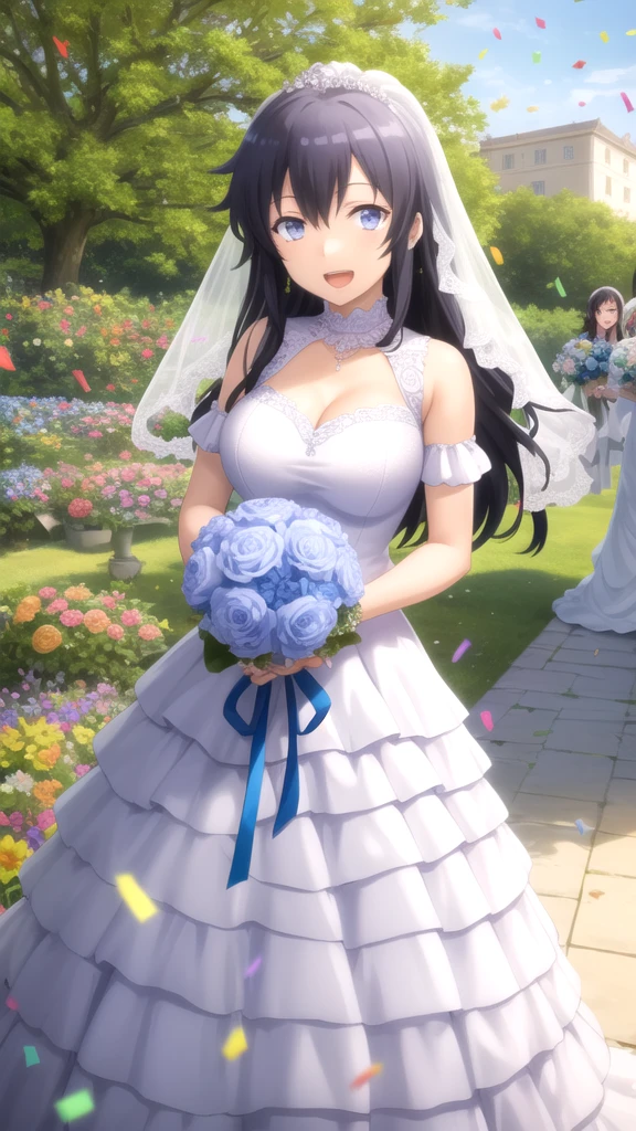 masterpiece, best quality, girl, solo, looking at viewer, Hachiman hikigaya, large breasts, wedding Dress, standing, garden, confetti, holding bouquet, smile, open mouth