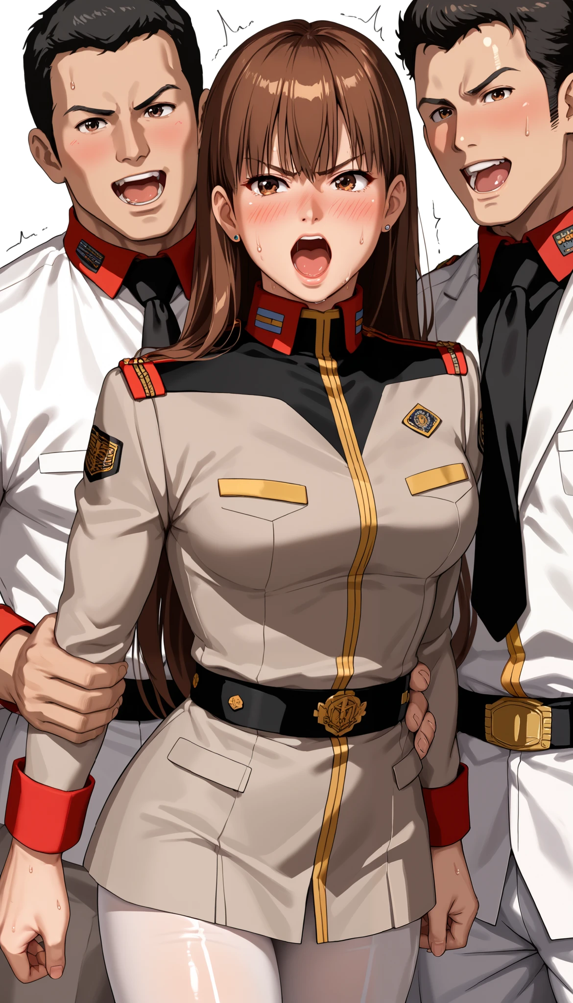 DOALeiFang, LeiFangDOA, girl:2.0, uniform, smooth white tight clothing, gasp, Captured by men:1.8, Captive, Surrounded by men:1.5, Attacked by men:1.7, Many men:1.5, Man grabs her arm:1.6, Man attacks from behind:1.7, Man grabs her leg:1.5, Men Swarm 1:5, Man hands on her waist:1.8, be breathless, sweat, sparkling sweat, trembling, (long brown straight hair:1.4), brown eyes, breasts, [[angry]], blush, {anguish}, {{shameful}},