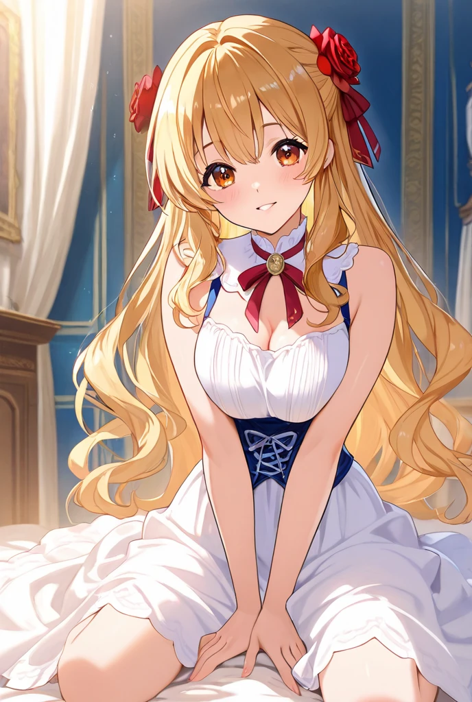 ((muste piece)), ((best quality)), (Super detailed), anime style etc.,peeing on the bed, pretty girl, 1 girl, solo, ((beautiful eyes)), shy smile, small breast, bunny girl00