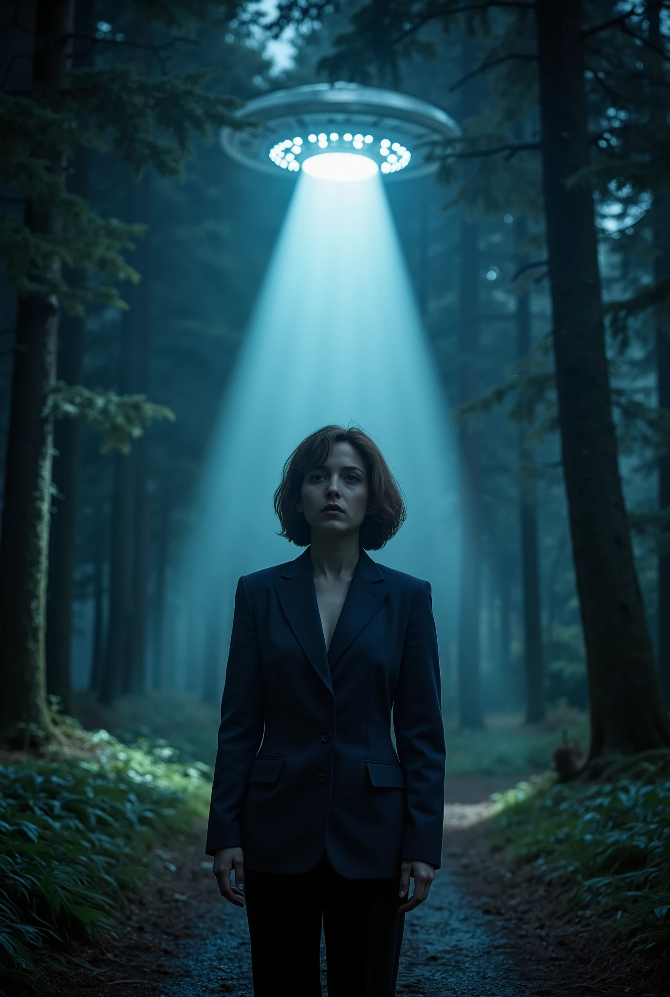 An ovni lightning the path in a forest in a dark night, in the middle a woman with brown hair, short hair reaching the shoulders, wearing dar blue suit, front view, full body picture, realistic photo