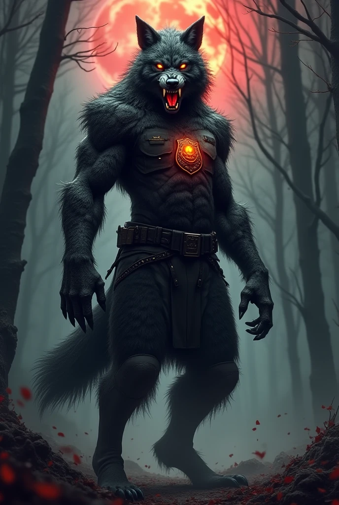 (medium full shot) of (savage werewolf), midnight blue fur, glowing red eyes, wearing fur-lined boots,  enchanted talisman,  set in  a moonlit forest clearing with tall, ancient trees, scattered bones, glowing eyes in the shadows, at midnight, ,Masterpiece,best quality, raw photo, realistic, very aesthetic, dark