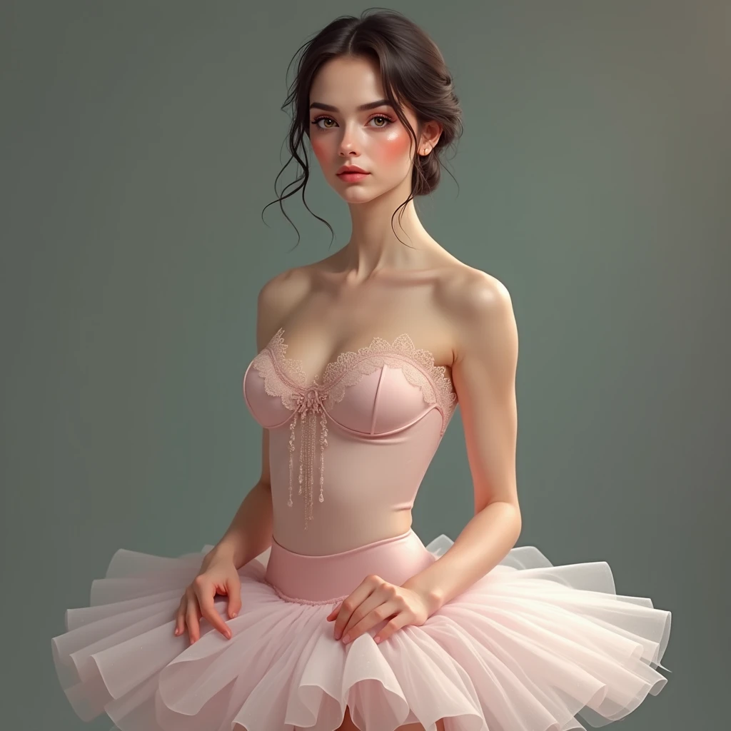 masterpiece, best quality,high quality, photorealistic,full body,front view,facing viewer, very detailed face,very detailed chest, mature female,
modern, atrium,
ballet hair bun ,tutu ,huge breasts,chest tattoo,narrow waist, round stud earrings,