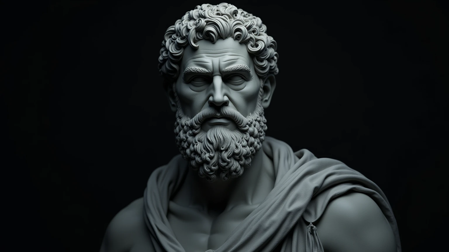 a realistic greek white marble statue, stoic, brawny, brave and scary, detailed wearing a ghostly toga, neutral background, temperamental, , photorrealistic, Horror Movie Dinner, super detailed, hyper realist, darkness background,, serious face, powerful background, dark surroundings, smart