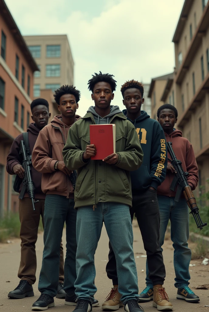 group of black highschool boys holding weapons and one holding a book