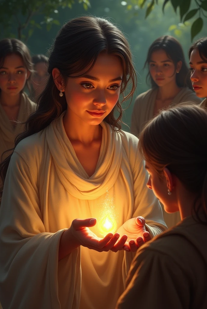 20 year old woman with long dark brown hair, freckles and light brown eyes. Surrounded by many children. All of them with their hands together in prayer.. In the background the silhouette of Jesus of Nazareth with open arms and a beautiful glow.
Everyone is smiling inside a church filled with lots of light.