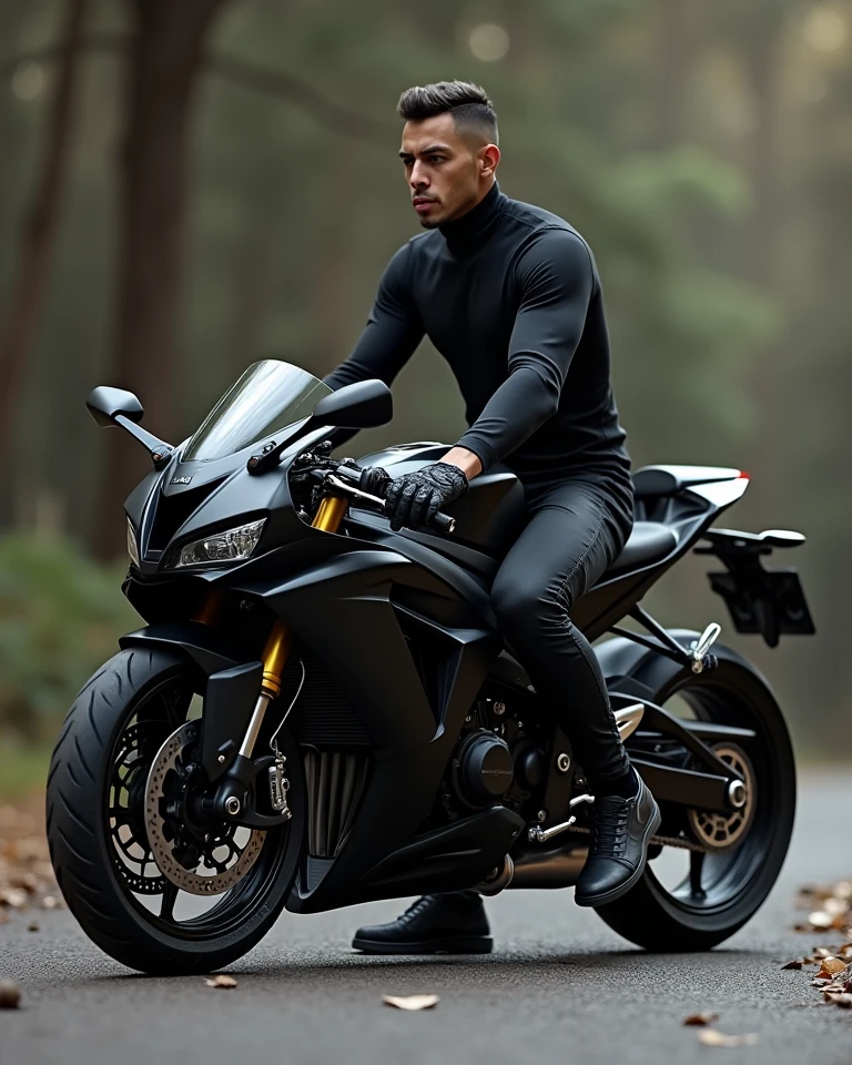 a young man sitting on a motorcycle with the words ebrahm written on it, inspired by Ibrahim Kodra, wearing black tshirt, by Ibrahim Kodra, wearing black modern clothes, abraham teerlink, emir, Ibrahim Kodra, inspired by Edward Ben Avram, black color, realistic photo studio photoshop, wearing a black tshirt, realistic 3 d style, black t-shirt, black t - shirt, black clothes, arham horror, wearing black clothes, he is wearing a black t-shirt, wearing a black t-shirt, behance 3d
