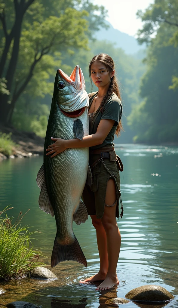 There is a shadow、Fish salmon、The fish has small black spots on its body.、A young woman with dark hair is lifting a fish、The fish is two meters long、The woman has a surprised look
