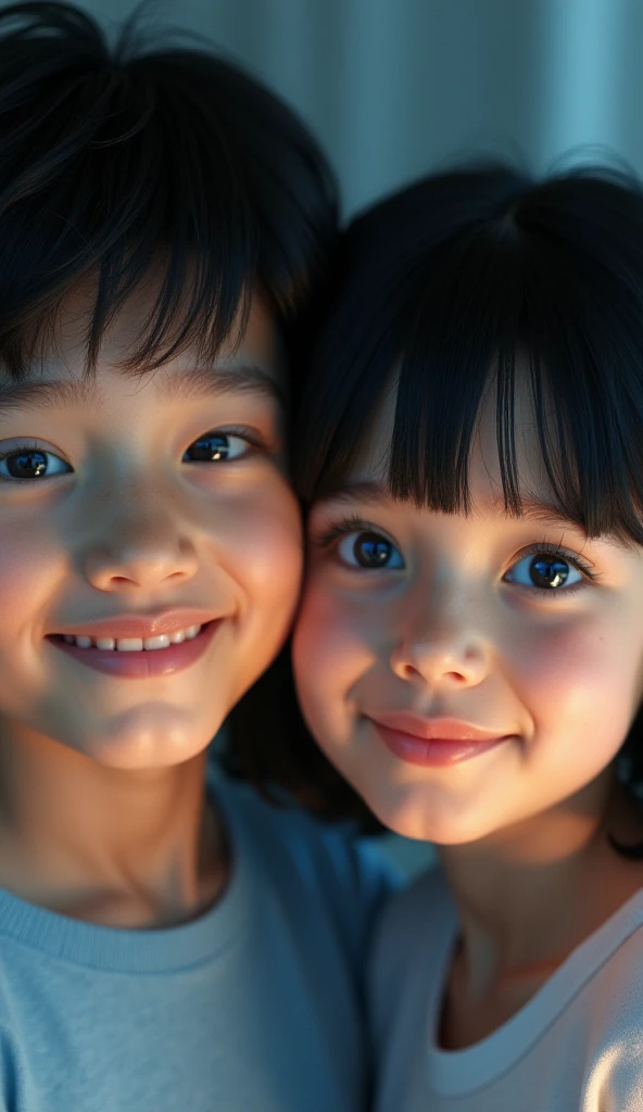 Estilo moderno, fundo branco, children's identification photo, bonito, sorridente, olhos escuros, cabelo curto, gravata borboleta, claro, de alta qualidade, soft RED lights in children's hair.