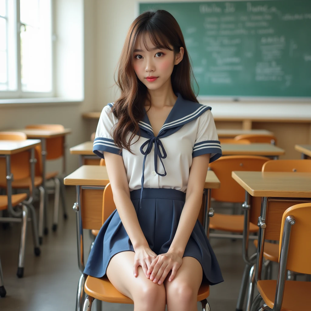 (masterpiece, best quality:1.2), 8k, young and beautiful, 85 mm,Official AR RAW Photos, baby face、The clothes are big、show me your ears、photo shoot, cute face, thigh, Classroom after school, looking at the audience, embarrassing、Smile、No makeup, film grain, Chromatic Aberration, sharp focus, Face light, Bright lights, 10th Generation, Detailed face, Background blur、((((((1 High school girl))))))、Tight waist、Sailor Suit、No skirt、pubic hair、vaginal/cat