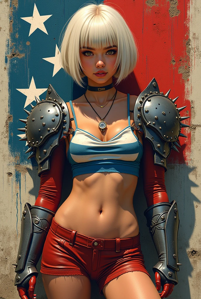 (((woman))), (((best qualityer))), (((tmasterpiece))), (((AS-Adult))), A 35-year-old female warrior with a perfect body, Brooklyn Gladiators, (( under boobs )), Simon Beasley, almost naked（Simon Bisley）Urban barbaric style for《heavy metal》MagazineCover, blond hairbl, Minimum clothing, armure (Dark blue with white stars，red with white stripes), Ink-stained tips and rivets, 5-pointed star tattoo, (((full bodyesbian))), with short black hair，White bangs cover the forehead