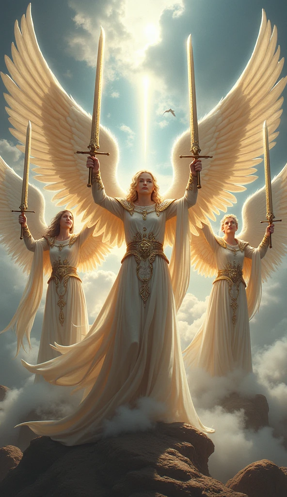 Realistic image of angels with swords in their hands, in front of the sky 