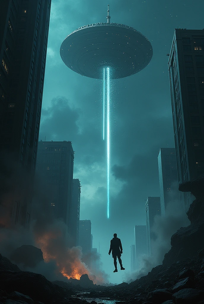 dark night; star sky; A destroyed future city;A huge sword is stuck on a tall building, A man is falling down from a tall building, There is a large spaceship suspended in the air, Fire lasers;