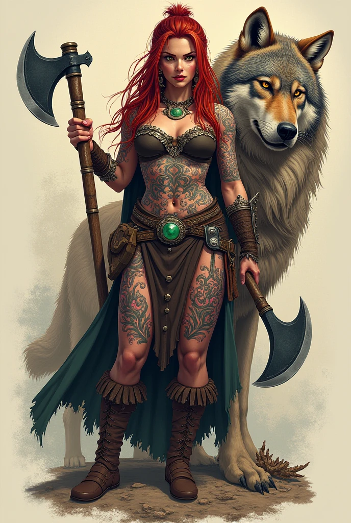 Middle Ages, barbarian woman warrior, pants, barbarian tattoos, in a cloak, hood, wolf head, sword in sheath