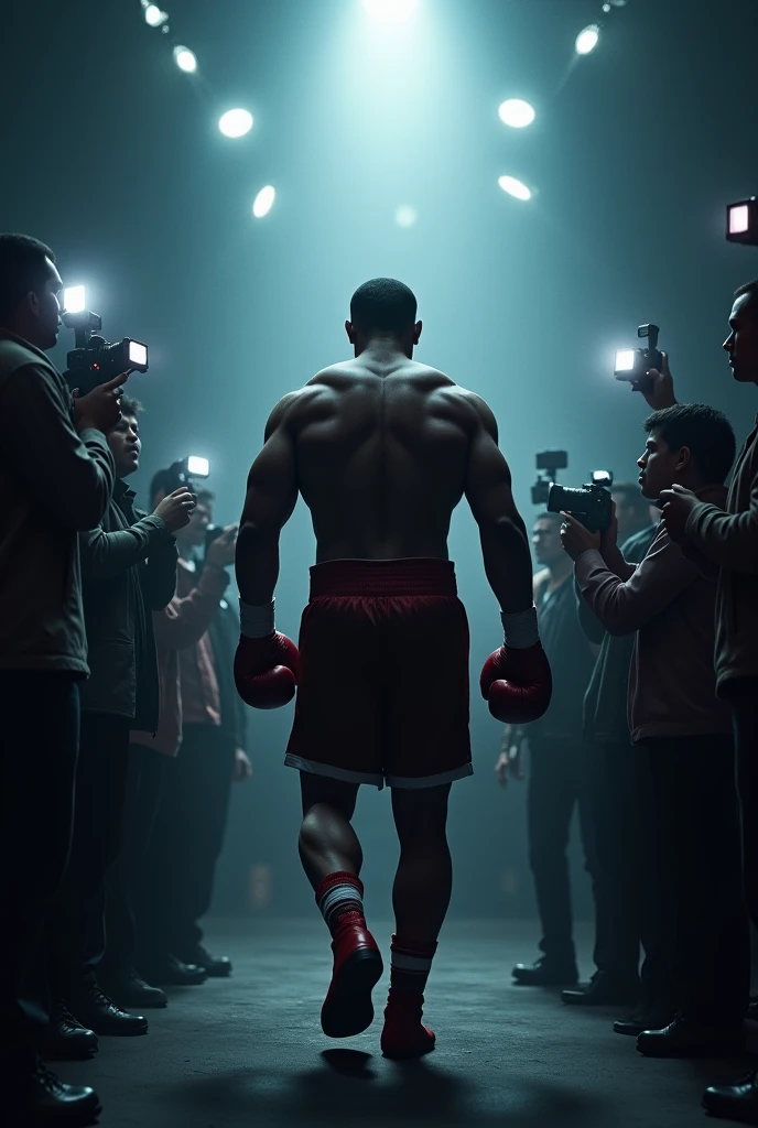 a boxer in the ring with his hands raised, because he won the fight for long exposure photography,In motion blur, Written "Rise Again" in the boxing ring are very focused, But I have an amazing figure, although blurry, Attract attention. one shot, Three Shot. , The message I want to convey is that dreams exist. , The Ewstrilo phenomenon is real , 48k cinematic compositing made in Photoshop with richer shadows. Use the rule of thirds, Use colors that evoke nostalgia and hope.