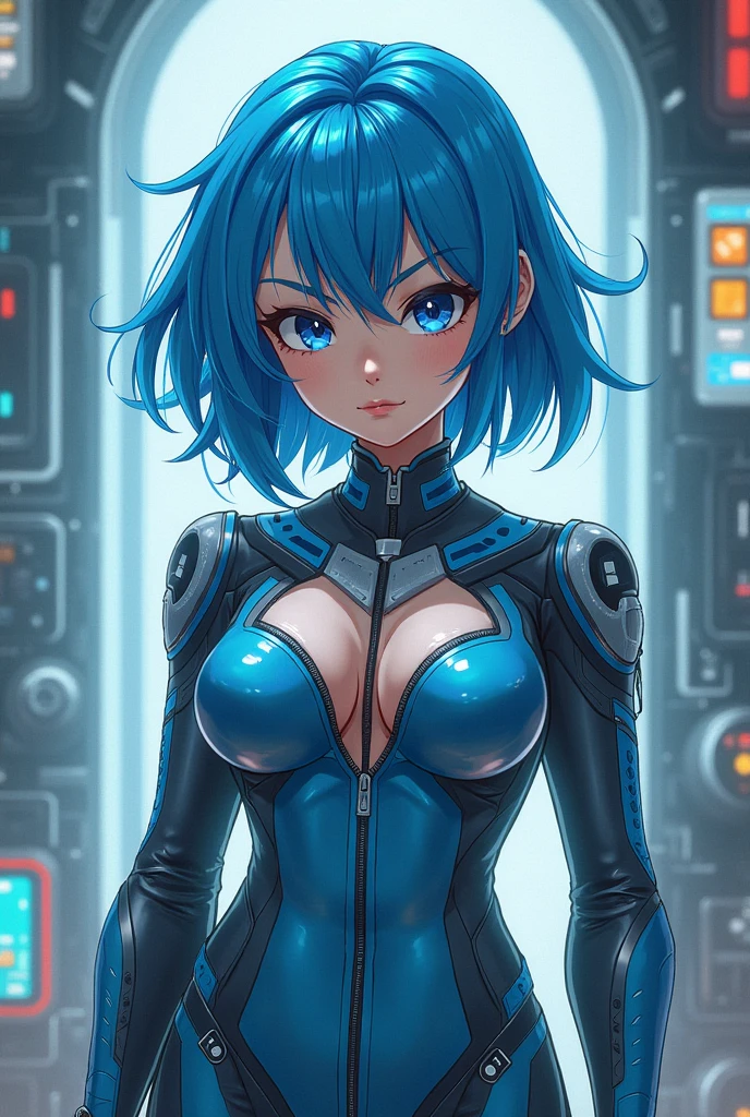 Machine, bodysuit, short hair, blue hair, shy smile, big breasts, cleavage, sexy,