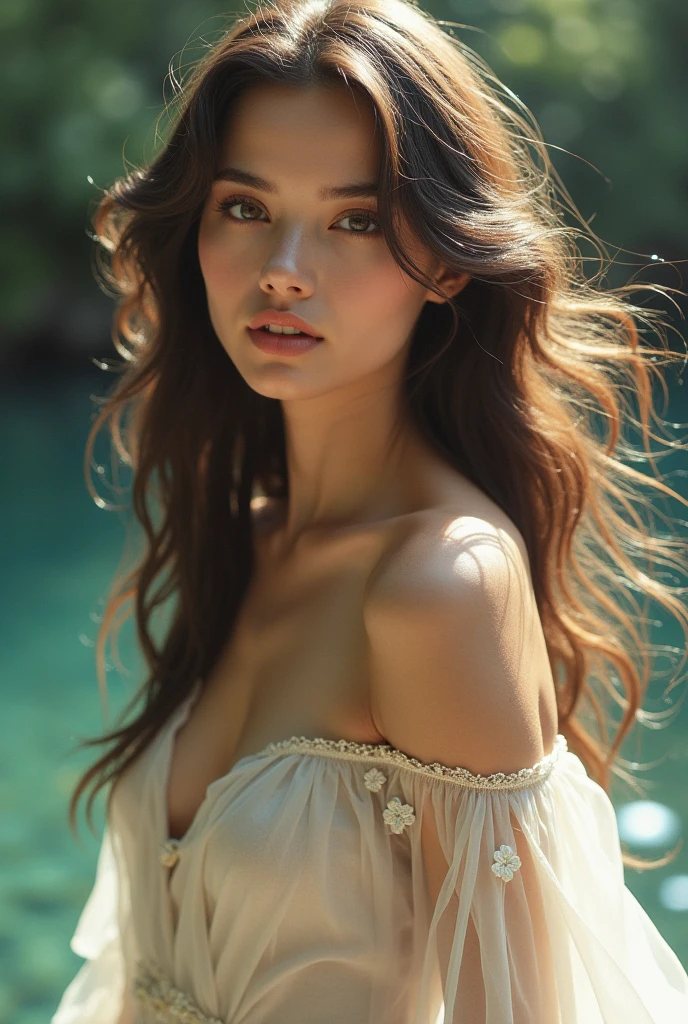 beautiful detailed eyes, long flowing hair, gentle smile, soft lighting, vibrant colors, ethereal atmosphere, dreamlike, graceful pose, delicate features, elegant dress, fantasy-themed, magical elements, mystical aura, artistic brush strokes, captivating gaze, calm and serene expression, enchanting beauty, surreal landscape, subtle movement, gentle breeze, shimmering particles, captivating composition.