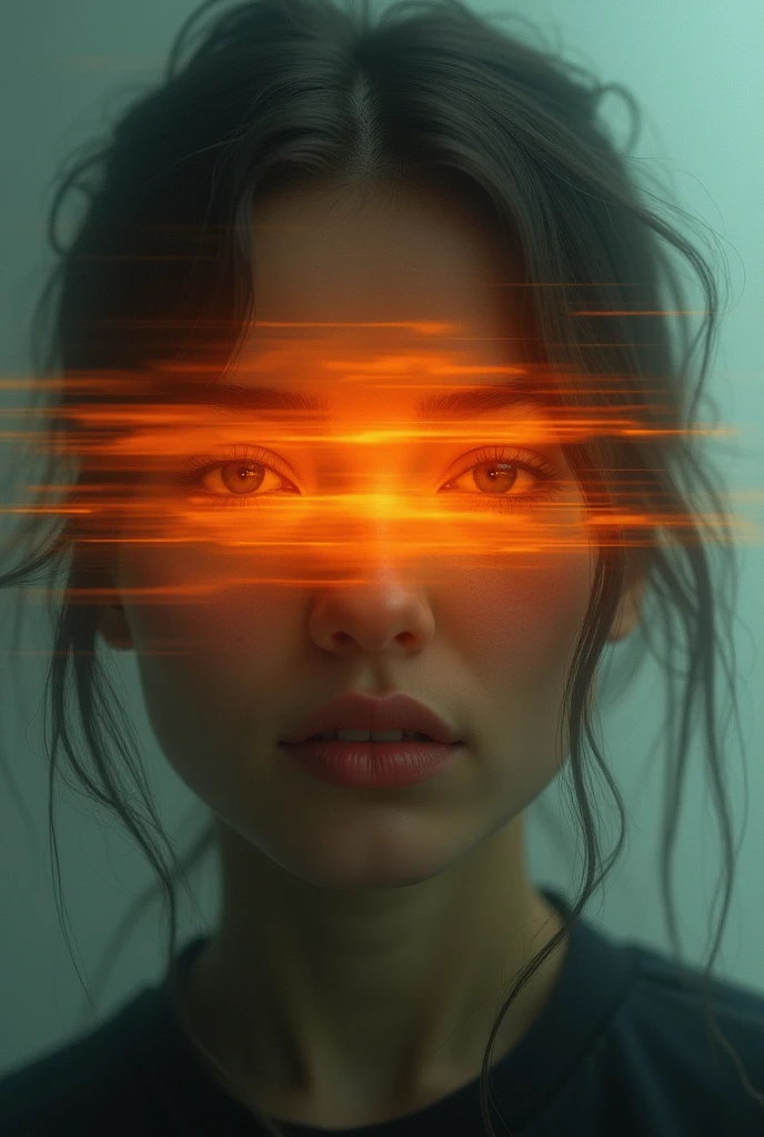 a blurry image of a woman's face with an orange light on her head and, inspired by Maciej Kuciara, digital art, orphism, unsplash, blurred face, portrait a woman like reol, face obscured, young glitched woman, surreal portrait, with no face