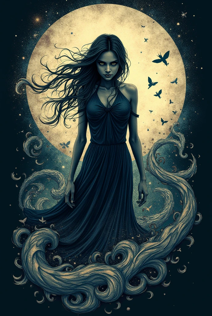 a woman with a long dress against a celestial background, double exposure, charcoal, dramatic digital illustration, abstract, high quality, beautiful, highly detailed, 8k, fantasy, (monochrome:1.2),  Inkstains <lora:SDXLInkStains:1>